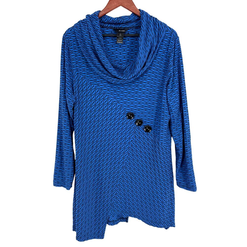 Ali Miles Plus Size 1X Blue Black Long Sleeve Wearable Art Blouse Shirt Top